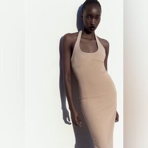 ZARA WOMAN Fitted Halter Midi Dress Camel Size S